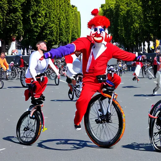 Prompt: sports photo of troupe of clowns on unicycles in a bunch sprint on the champs de elysees, tour de france