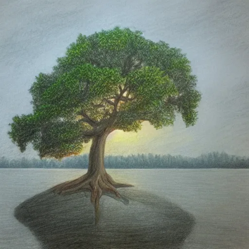 Image similar to beautiful drawing of an oak tree growing in the middle of a lake at dusk