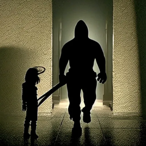 Image similar to movie still, screenshot from film, barney the dinosaur hiding in the shadows holding a katana, ready to kill, horror thriller movie, promotional, directed by m night shyamalan