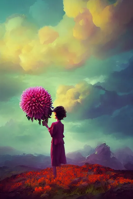 Prompt: closeup girl with giant dahlia flower head, standing on mountain, surreal photography, blue storm clouds, dramatic light, impressionist painting, digital painting, artstation, simon stalenhag