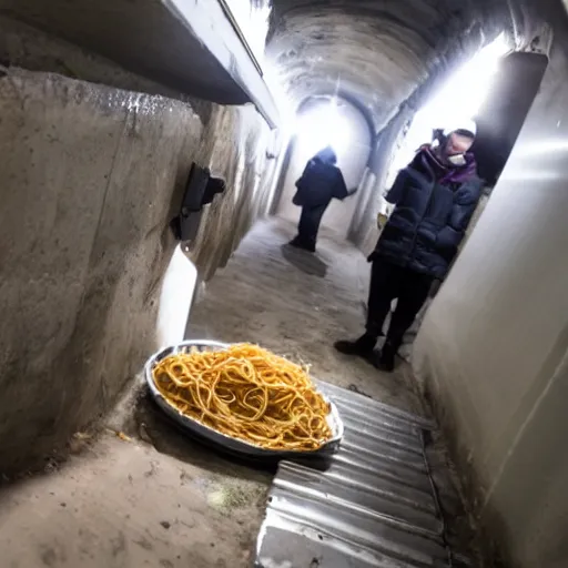 Image similar to The Impostor from Among Us eating Pasta in the sewers.