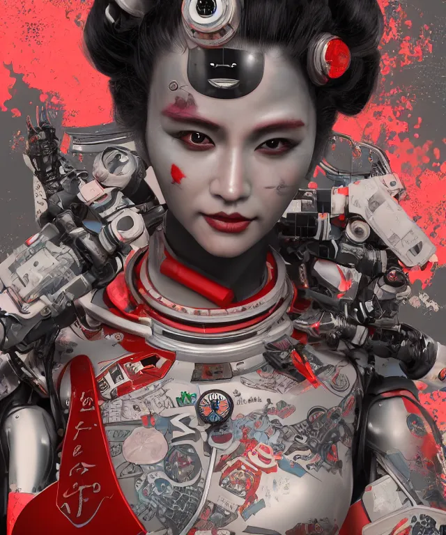 Image similar to an epic fantastic realism comic book style portrait painting of a japanese robotic geisha with kanji tattoos and decals, apex legends, octane render, intricate detail, 4 k hd, unreal engine 5, ex machina, irobot