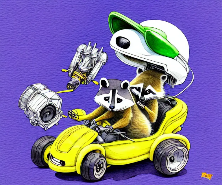 Image similar to cute and funny, racoon wearing a helmet riding in a tiny 4 wheeler with oversized engine, ratfink style by ed roth, centered award winning watercolor pen illustration, isometric illustration by chihiro iwasaki, edited by range murata, tiny details by artgerm, symmetrically centered