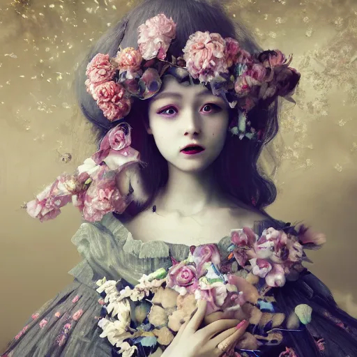 Image similar to 8 k, octane render, realism, tonalism, renaissance, rococo, baroque, cotton candy, creepy young lady wearing long harajuku manga dress with flowers and skulls ( background chaotic flowers )