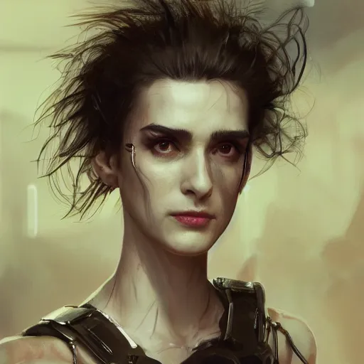 Prompt: winona ryder portrait, dystopia core, apocalyptic, armor, warrior, dramatic, sharp focus, fiction, neon, fantasy, hyper detailed, digital art, trending in artstation, cinematic lighting, studio quality, smooth render, unreal engine 5 rendered, octane rendered, art style and nixeu and wlop and krenz cushart