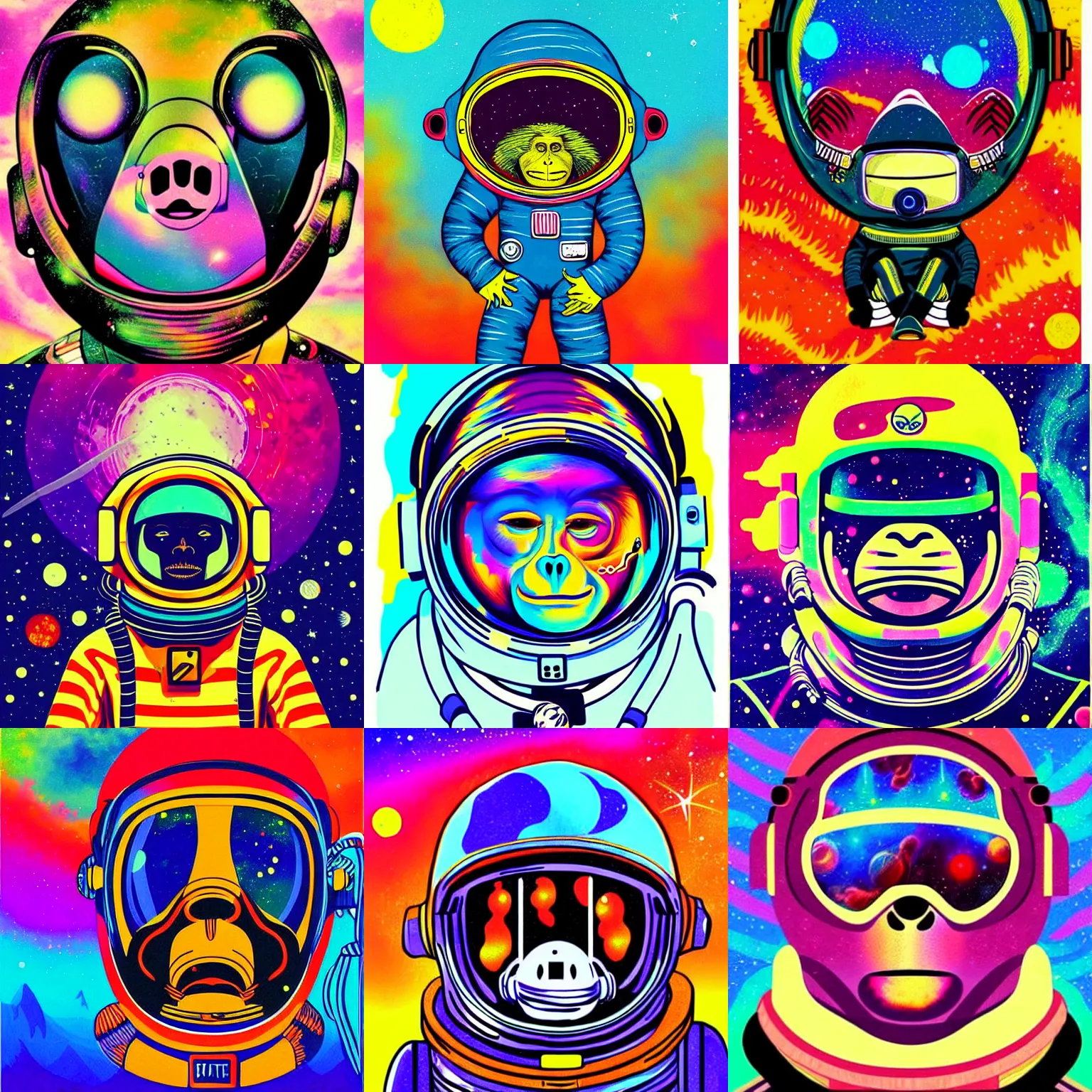 Prompt: Ape astronaut, beautiful colors, psychedelic art