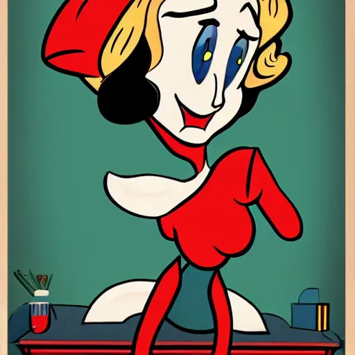 Prompt: Cartoon of Elizabeth Olson as 1930s cartoon character, golden age of animation, rubber hose animation, ink art, in the style of Cuphead by Moldenhauer