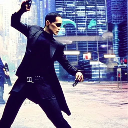 Image similar to “scene in the matrix where Neo is dodging bullets in slow motion, but instead he is dodging doughnuts”