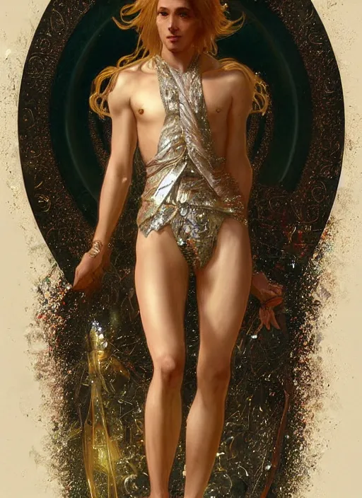 Prompt: a man made of sparkling crystal, full body view, beautiful high quality realistic fantasy art, trending on artstation by artgerm and greg rutkowski and alphonse mucha