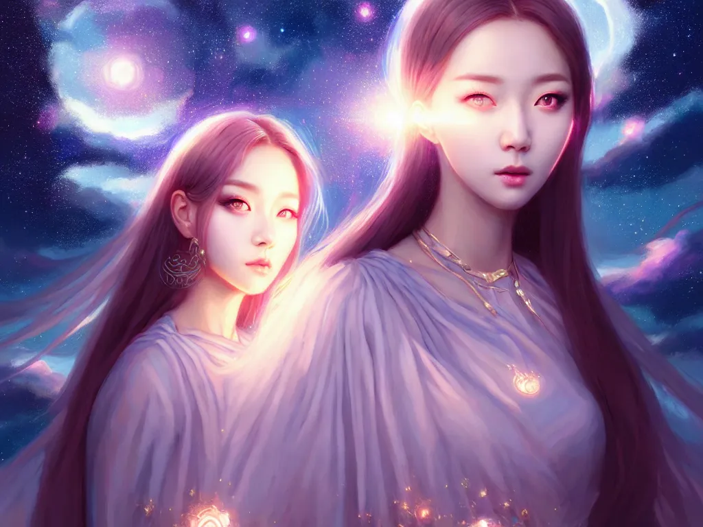 Prompt: masterpiece portrait charming and miracle female astromancer lifestyle accessories in dreamlike movie, kpop, luxry dress, high detailed face, art by artgerm, greg rutkowski, macoto takahashi, big major starry sky and city in background, maximalist, medium long shot, fantasy, no distorsion, 4 k realistic, uhd,