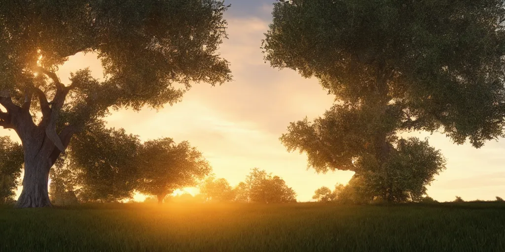 Image similar to gigantic oak tree. sunset landscape. hd. photorealistic. 8 k. octane render.