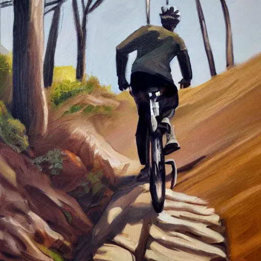 Prompt: man biking up a steep forest hill, sweaty. Oil painting.