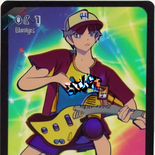 Prompt: holographic shiny colorful pokemon collectible trading card of a banana playing guitar