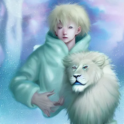 Prompt: aesthetic portrait commission of a albino male furry anthro lion cub popping floating bubbles while wearing a cute mint colored cozy soft pastel winter outfit, winter Atmosphere. Character design by charlie bowater, ross tran, artgerm, and makoto shinkai, detailed, inked, western comic book art, 2021 award winning painting