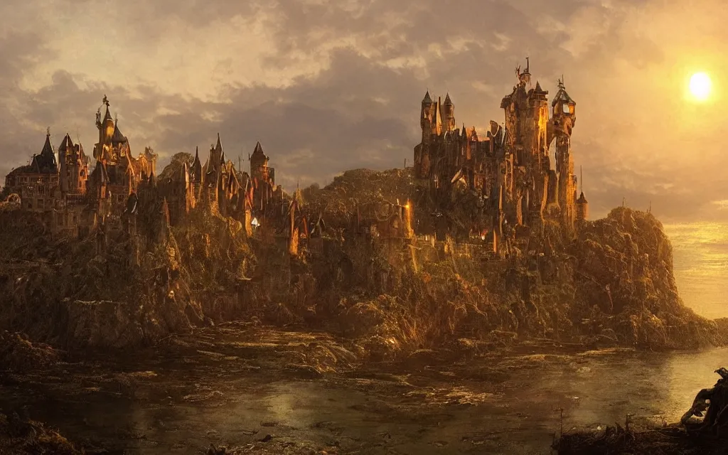 Image similar to large grand medieval castle at dawn, on a hill, small town surrounding, steampunk, ocean in the distance, cinematic lighting, intricate ink illustration, by albert bierstadt, artstation trending