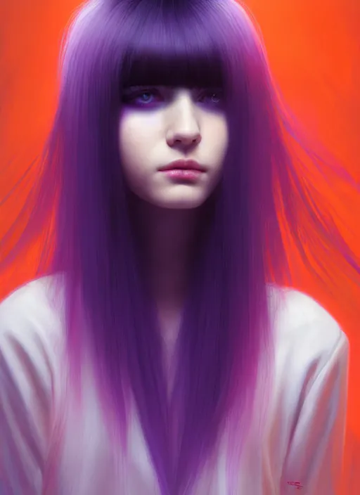 Image similar to hair whitebangs hair, black hair, whitebangs, portrait of teenage girl with white bangs, red irises, purple clothes, white bangs, bangs are different color from hair, intricate, elegant, glowing lights, highly detailed, digital painting, artstation, concept art, smooth, sharp focus, illustration, art by wlop, mars ravelo and greg rutkowski