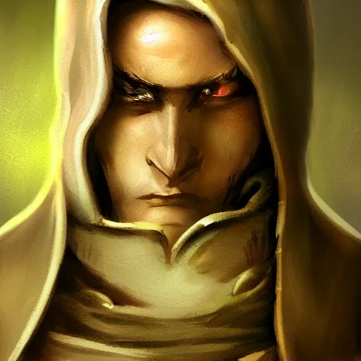 Prompt: Character portrait, face close up: Elf Male Monk/Ranger. Hooded, shadow and gloom. In the style of Ralph Horsley