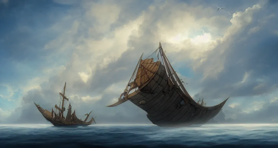 Prompt: a large wooden fantasy sky - ship with horizontal sails flying through the clouds with blue sky, andreas rocha style