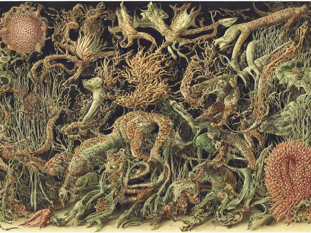 Prompt: The creature with a hundred eyes. Painting by Walton Ford, Ernst Haeckel, Maria Sibylla Merian