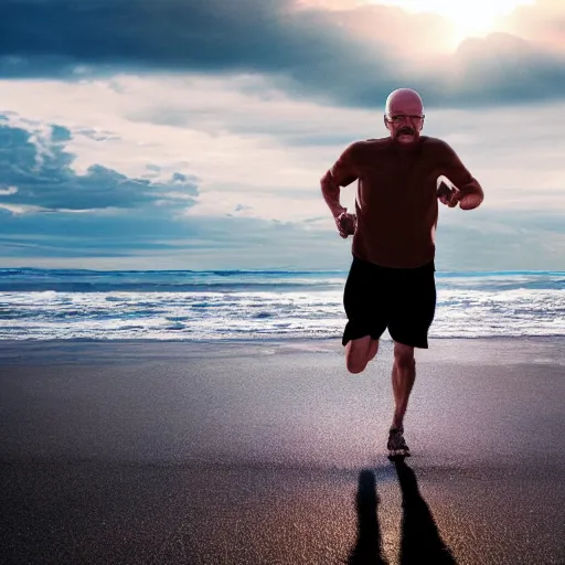 Image similar to Walter White running on the beach, artistic, 8k, cinematic, accurate, symetric, face, dramatic lighting, pastel colours