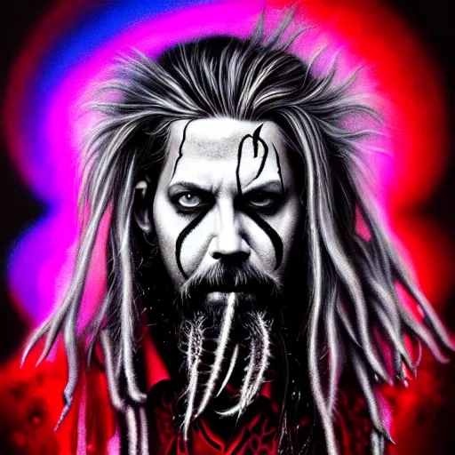 Image similar to An extremely psychedelic portrait of Rob Zombie, surreal, LSD, face, detailed, intricate, elegant, lithe, highly detailed, digital painting, artstation, concept art, smooth, sharp focus, illustration