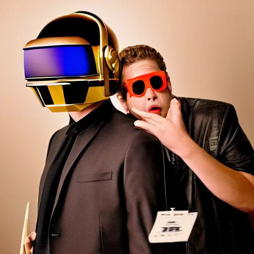 Prompt: Jonah Hill X Daft Punk. They are at the Hilton Garden Inn lobby. Hotel lobby. Weird robotman daft punk. Man with helmet. Jonah hill famous actor. Meeting. Hilton. 4k photography