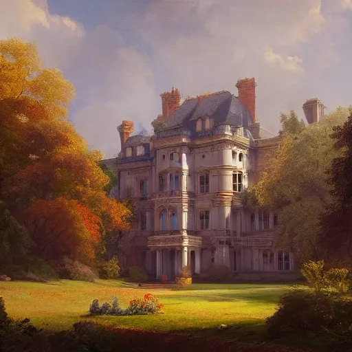 Prompt: a large serene beautiful matte painting of a quaint english country mansion, by asher brown durand and greg rutkowski, featured on artstation, blue and orange color scheme