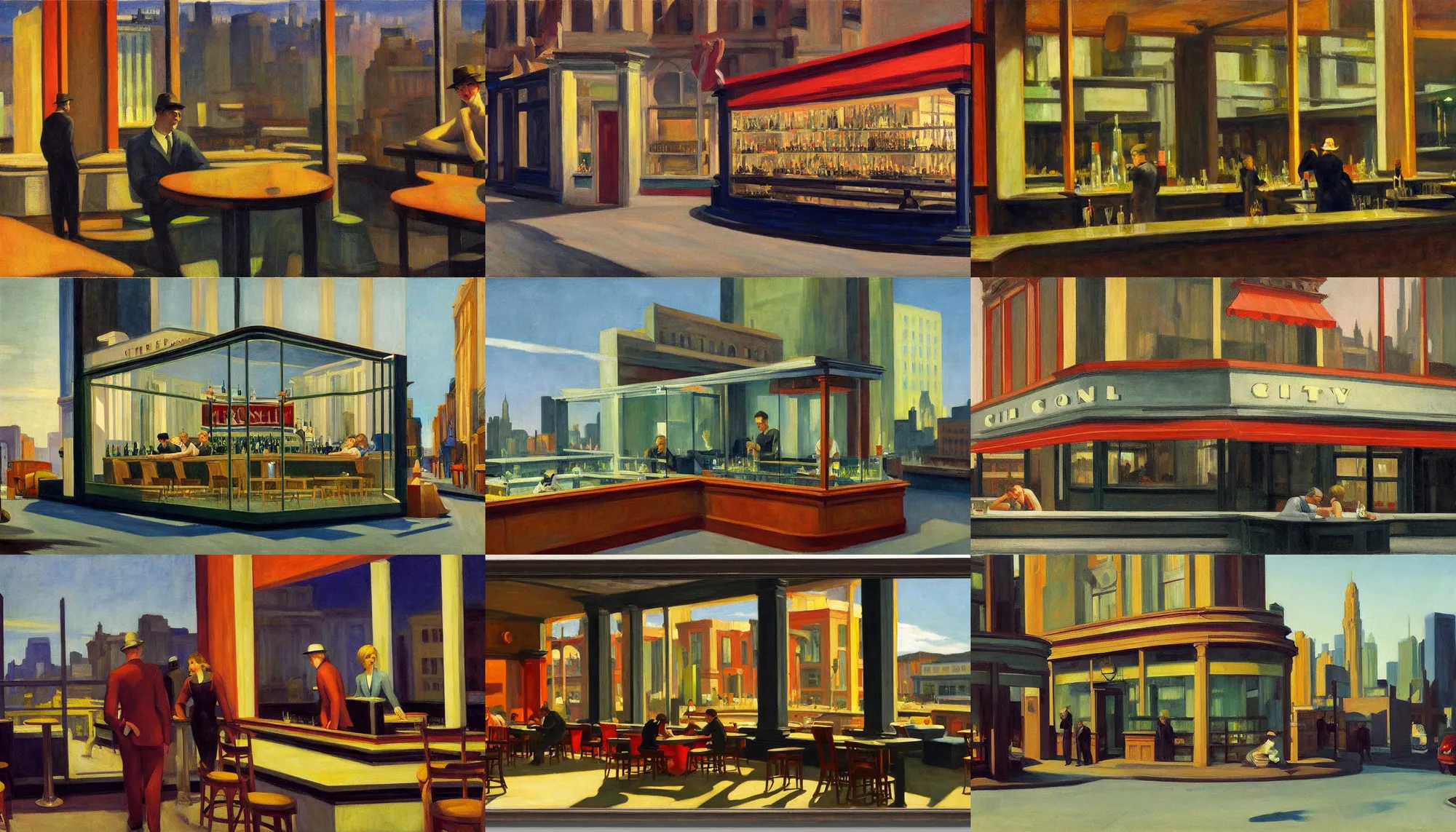 Prompt: city landscape, bar with glass display, art by edward hopper. cinematic, american realism, high detail