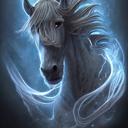 Image similar to a wlop 3 d render of very very very very highly detailed beautiful mystic portrait of a phantom undead horse with whirling galaxy around, tattoos by anton pieck, intricate, extremely detailed, digital painting, artstation, concept art, smooth, sharp focus, illustration, intimidating lighting, incredible art,