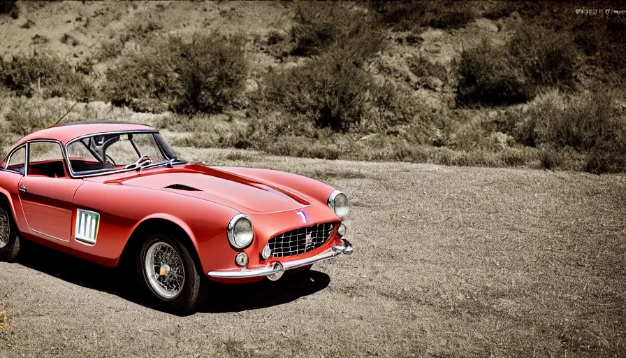 Image similar to photograph, 1958 FERRARI 250 GT, by Pete Biro, Peter Singhof, press release, cinematic, malibu canyon, 8k, depth of field, bokeh. rule of thirds, copper paint