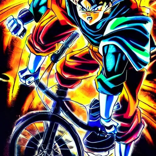 Prompt: Goku riding a electric neon bike, Yoji Shinkawa