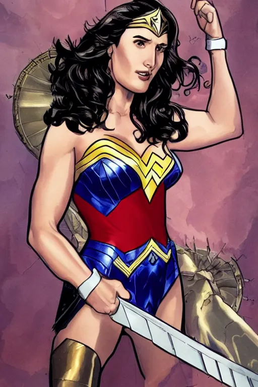 Image similar to A beautiful portrait of Cobie Smulders as Wonder Woman by Frank Cho, detailed, proportional, trending on art station, 4k,