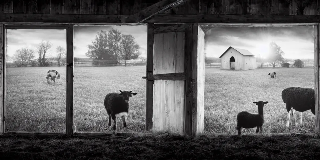 Prompt: insanely detailed wide angle photograph, atmospheric, girl nursing a lamb in a barn, horror, night, shadows, secluded, evil eyes, hay, a cow, windows