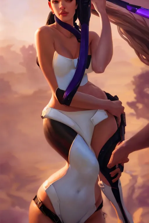 Image similar to painting of widowmaker from overwatch, closed swimsuit, white skin color, ultra realistic, sharp details, subsurface scattering, intricate details, warm lighting, beautiful features, highly detailed, photorealistic, octane render, 8 k, unreal engine, art by artgerm and greg rutkowski and alphonse mucha