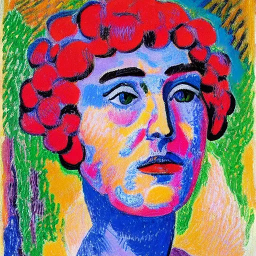 Prompt: an abstract portrait of a woman, pointillism, big brushstrokes, vivid colours, by Henri Matisse