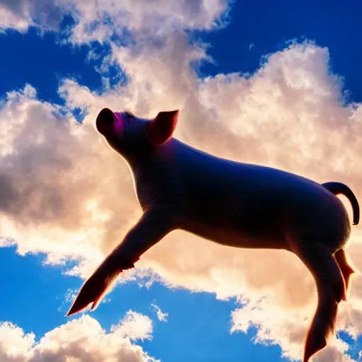 Image similar to pig flying with angel wings in a blue sky dramatic lighting