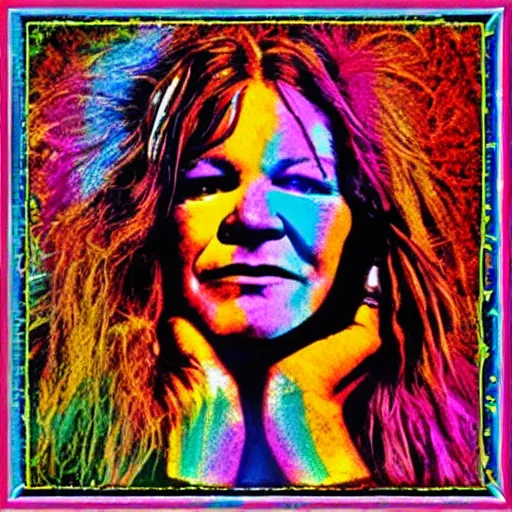 Image similar to Janis Joplin, psychedelic rainbow colors,