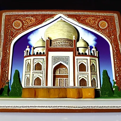 Prompt: Taj Mahal made of different kinds of cheeses, photo, diorama