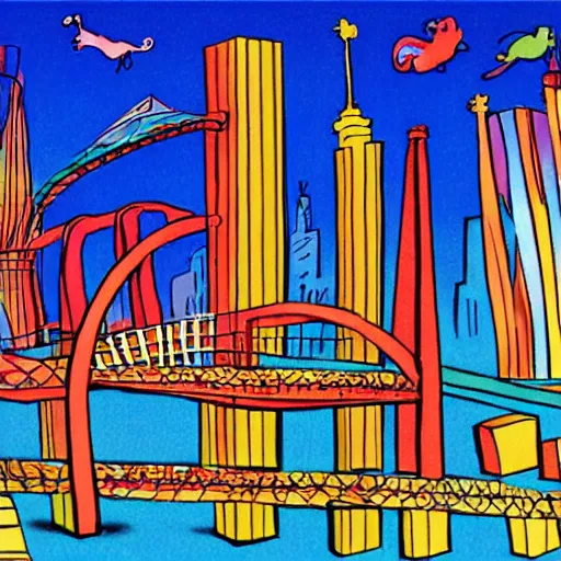 Prompt: city scape, colorful kids book illustration by dr seuss, with towers, bridges, stairs