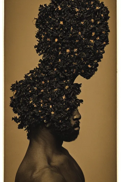 Image similar to a black young man's face in profile, no beard, long curly hair made of flowers and fruit, in the style of the Dutch masters and Alec Soth, dark and moody