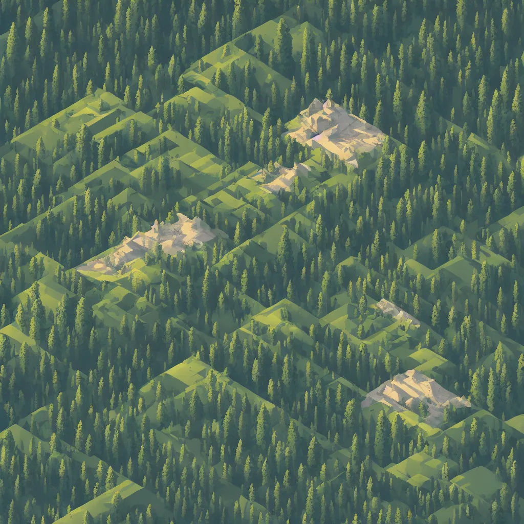 Image similar to isometric view of mountaintop building overlooking a lush forest by james gilleard, textured, detailed, beautiful, 8 k wallpaper