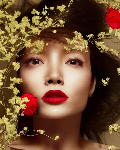 Image similar to Portrait of a woman, close-up, high sharpness, zeiss lens, fashion photo shoot, peony flowers, red hair, red lipstick, in the background of gold, on their face stratsEnni Leibovitz and Steve McCurry, David Lazar, Zhong Lin, Jimmy Nelsson, Eiko Hosoe , artistic, hyper-realistic, beautiful face, octane rendering