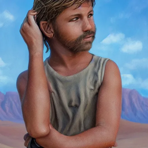 Prompt: a detailed portrait of a tan boy in the desert, fantasy art illustration, incredibly highly detailed and realistic, 8 k, sharp focus