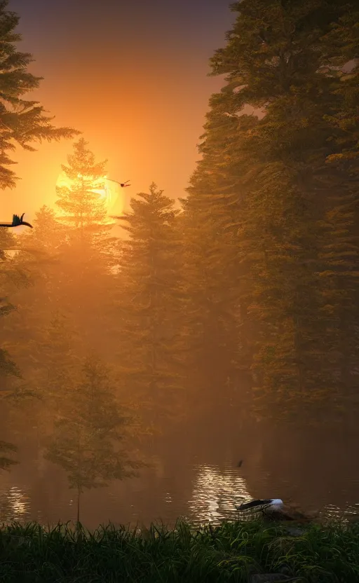 Image similar to made in unreal engine, a huge japanese crane bird is chilling above a lake in the middle of a forest of japanese pines, a big red sun in the background, front game card, realistic rendering, high details, trending on artstation, 8k, stunning, volumetric lights