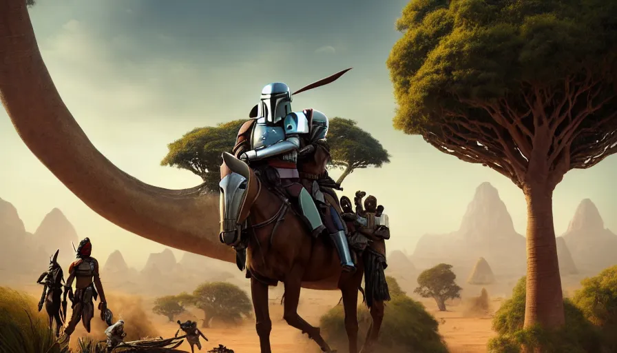 Prompt: mandalorian driving through madagascar with baobabs trees, tribe members chasing for an attach, action scene, an epic fantasy, artgerm and greg rutkowski and alphonse mucha, an epic fantasy, volumetric light, detailed, establishing shot, an epic fantasy, cinematic, photorealistic, ultrarealistic, trending on art station, octane render, midsommar