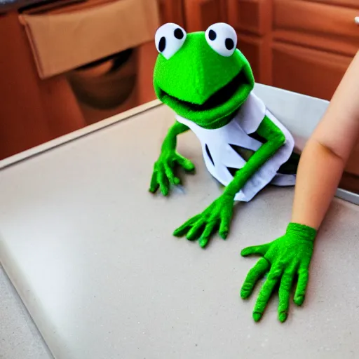 Prompt: kermit the frog and alf laughing on kitchen table. white powder in lines on mirror surface