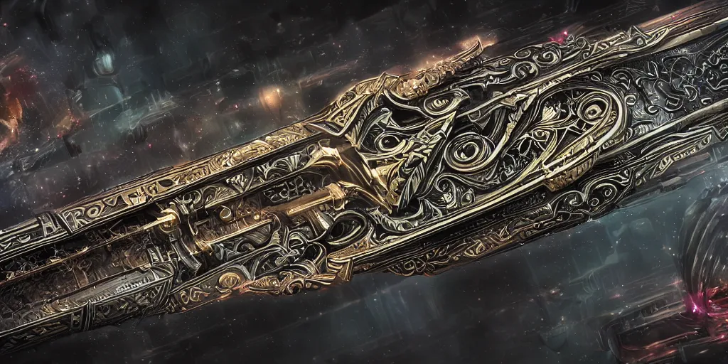 Image similar to legendary cybernetic full long sharp sword lying flat on a glowing table with a black and iridescent sword blade, digital award winning hd matte painting, intimate dark moody, intricate, ornate spikes, colorful gems on hilt, detailed realistic raytraced blade, future golden technological pommel, in the style of krenz cushart, deviantart