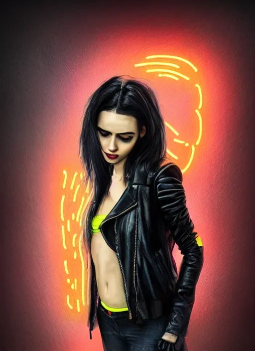 Prompt: a photo of 8 k ultra realistic a black haired female in high heels and a black leather jacket, multicolour neon, art by lise deharme