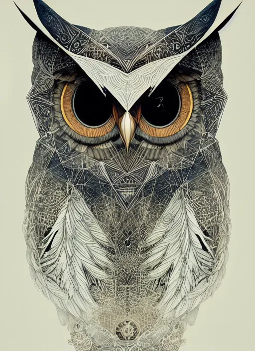 Image similar to portrait of a geometric owl, identical eyes, medium shot, illustration, full body made of white feathers, symmetrical, art stand, super detailed, cinematic lighting, and its detailed and intricate, gorgeous, by peter mohrbacher