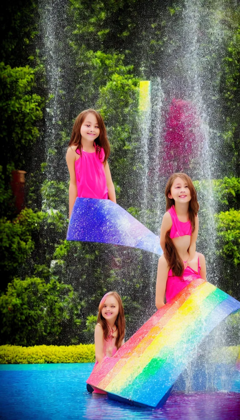 Image similar to Beautiful girl under the rainbow fountain,